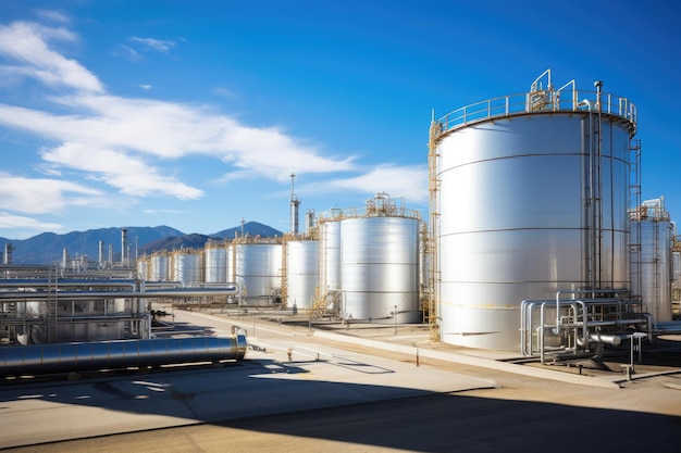 Tank farm with rows of oil storage tanks