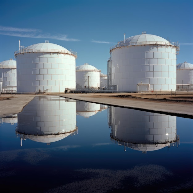 Tank farm with rows of oil storage tanks