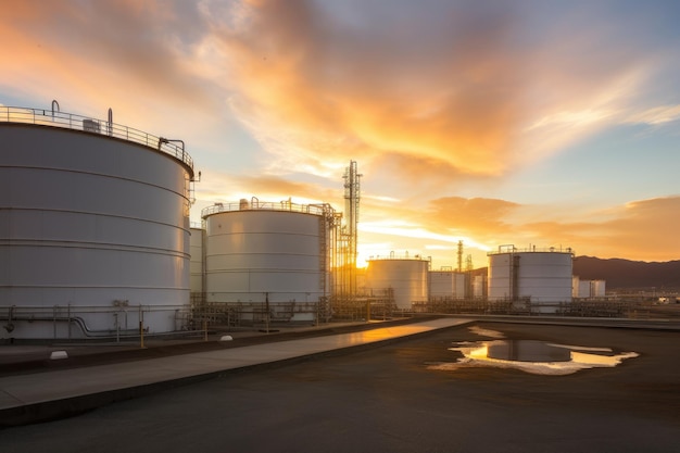 Tank farm with rows of oil storage tanks