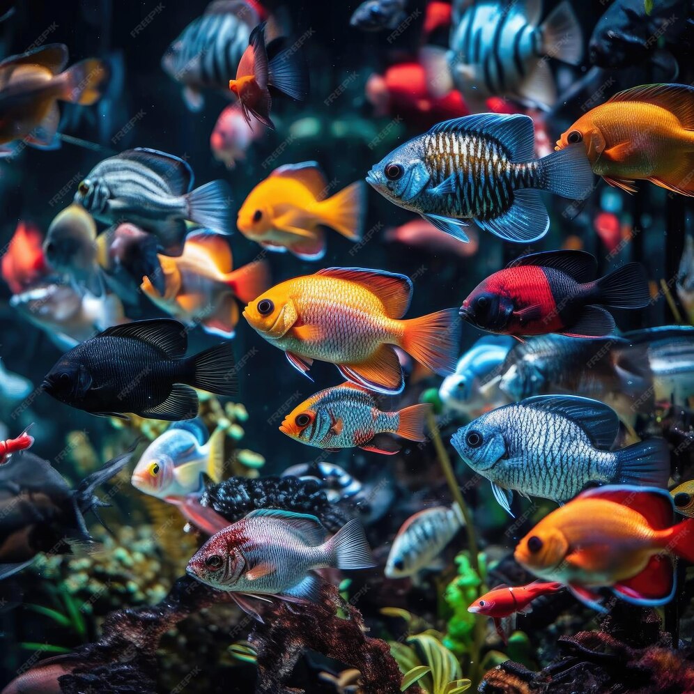 Premium Photo A tank filled with brightly colored tropical fish at a