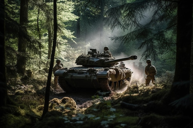 戦車に軍隊という言葉が書かれた森の中の戦車