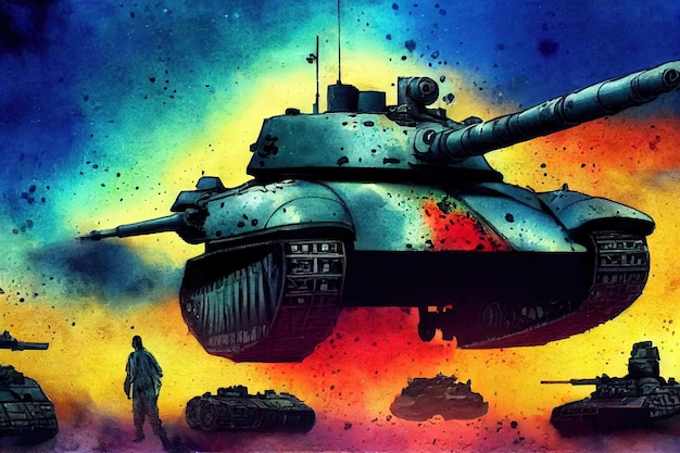 The tank is in battle firing at the enemy world war huge tank\
digital art style illustration painting