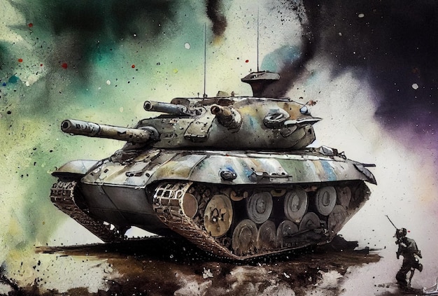 The tank is in battle firing at the enemy World war Huge tank digital art style illustration painting