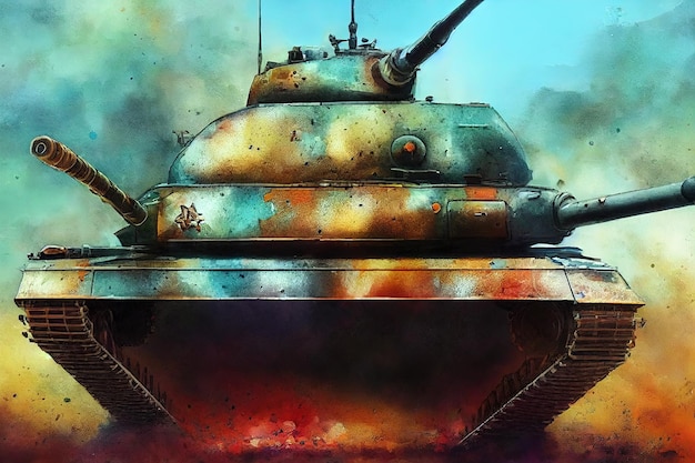 탱크는 적 세계 대전에서 전투 중입니다. 거대한 탱크 디지털 아트 스타일 일러스트레이션 페인팅