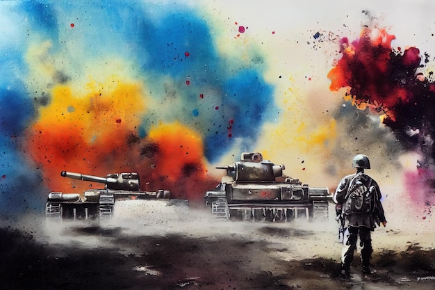 The tank is in battle firing at the enemy world war huge tank\
digital art style illustration painting