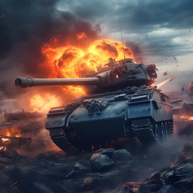 A tank is in a battle scene with a fireball in the background.