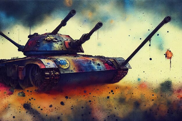 Tank is in battle in water color style firing at the enemy\
world war huge tank digital art style illustration painting