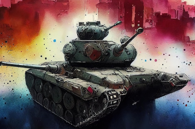 Tank is in battle in watercolor style firing at the enemy world\
war huge tank digital art style illustration painting