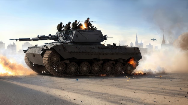 A tank is burning in the desert with the city in the background.