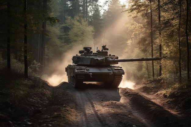 A tank is driving on a dirt road in the forest.