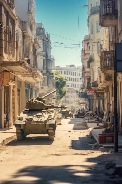 A tank is parked in a street in havana.