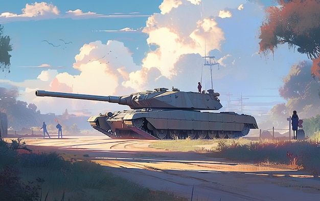 A tank is on the road in the background