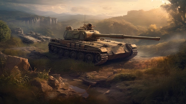 A tank in a landscape with a sunset in the background