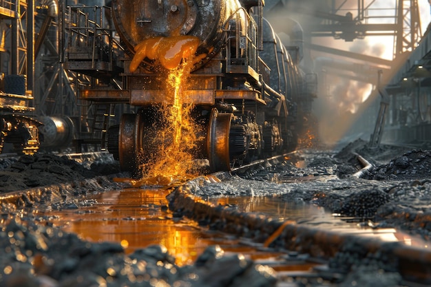 Tank pours liquid metal at the steel mill