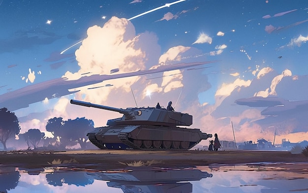 A tank in the sky with a trail of shooting stars behind it