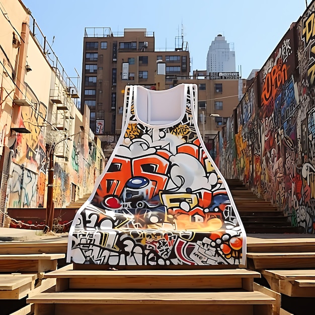 Tank top urban cityscape background with graffiti and skateb clean blank white photoshoot tee