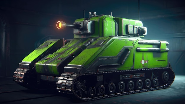 A Tank With A Bright Green Finish And A Large Black Cross On The