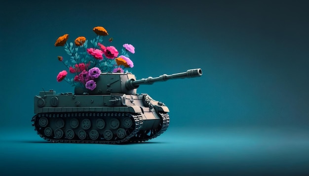 Tank with bunch of flowers on top of it Generative AI