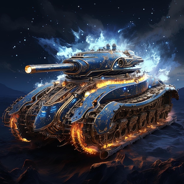 a tank with a flame on the top and the bottom of the bottom right corner.