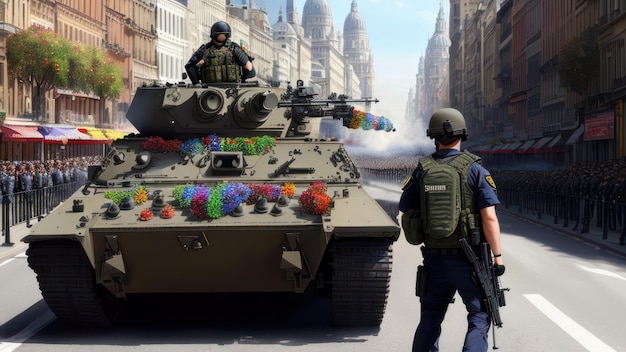 A tank with a rainbow on it is surrounded by people.