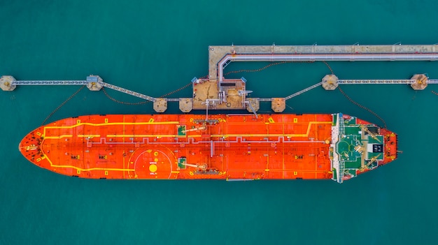 Tanker ship loading in port view from above, Tanker ship logistic import export business