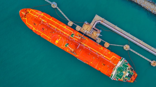 Tanker ship loading in port view from above, Tanker ship logistic import export business