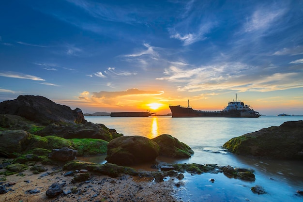 Tanker ship in  sunset