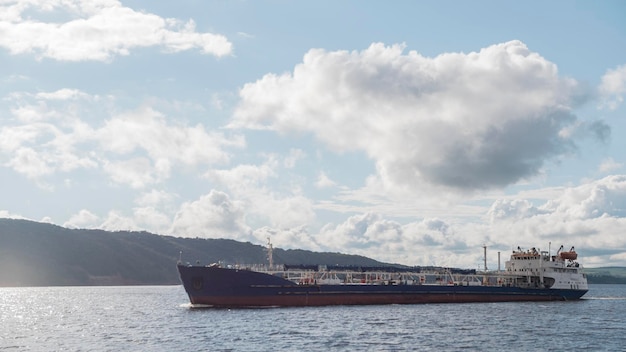 Tanker ship on the volga river - summer sunny day