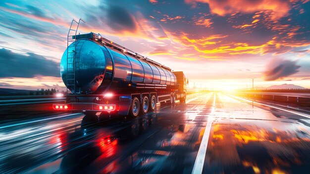 Foto un camion cisterna carico di barili di carburante attraversa l'autostrada nel caldo bagliore del tramonto