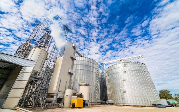 Tanks and agricultural silos of grain elevator storage Loading facility building exterior View from below