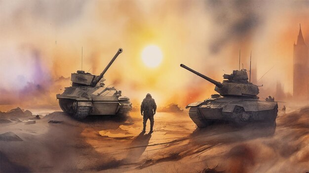 写真 戦車と兵士の絵画 世界の紛争と戦争のテーマで水彩で作られた