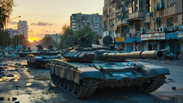 Tanks lined up on a city street at sunset in the war zone high quality image