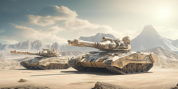tanks op de grond en bergen in de stijl van gouden en beige futuristische mechanische precisie