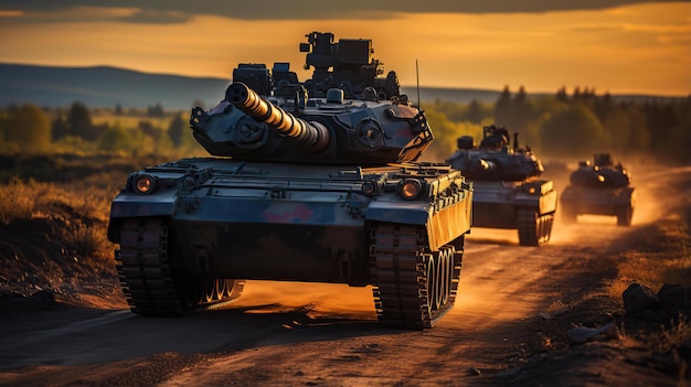 Foto tanks rijden op het slagveld klaar om te vuren.