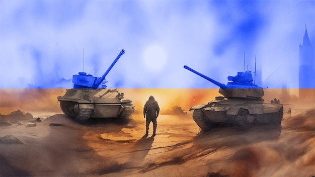 tanks and soldiers painted in the Ukrainian flag painting on the theme of world conflicts and wars made in watercolor