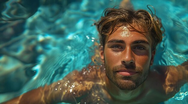 tanned man in the swimming pool with space for text created with generative ai technology