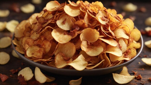 Tantalizing 4K image showcasing a pile of potato chips with barbecue flavor