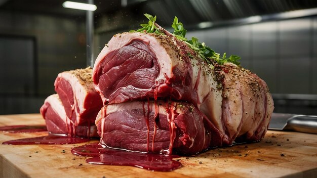 A tantalizing closeup shot of raw juicy meat on a butchers cutting board