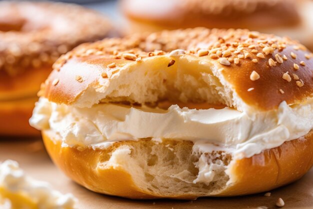 Photo a tantalizing closeup of a warm toasted bagel slathered with a thick layer of smooth cream cheese the bagel is studded with sesame seeds and features a golden crisp exterior that effortlessly