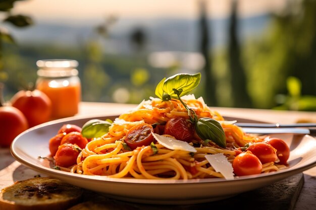 Foto un piatto allettante di pasta alla norma guarnito con ricotta e basilico fresco con arancione siciliano