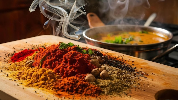 Photo a tantalizing smell fills the air as a vibrant array of spices lies scattered across a wooden cutti