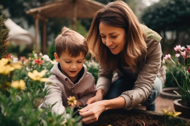 tante met neef in tuin lentebloemen planten