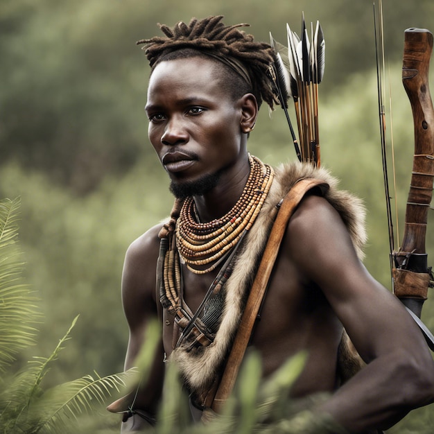 Фото Танзания изображение охотника-собирателя хадза, умело одевающегося в одежду из кожи животных
