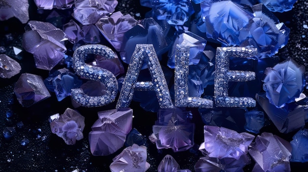 Foto poster d'arte concettuale di vendita di cristallo di tanzanite la parola vendita fatta in lettere texturate orizzontali