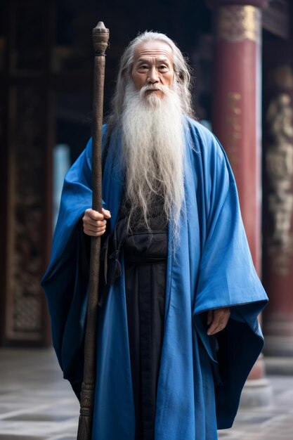 A Taoist standing at the entrance of a Taoist temple with a long white beard and a blue robe