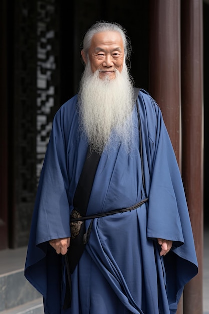 A Taoist standing at the entrance of a Taoist temple with a long white beard and a blue robe