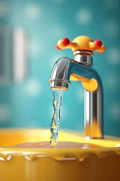 Tap closeup with dripping water drop Water leaking saving concept Generative AI