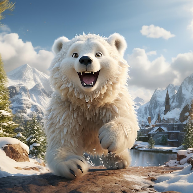 Tap_dancing_polar_bear_snowing_mountain_background_day