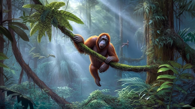 A Tapanuli orangutan swings from branch to branch Generative AI
