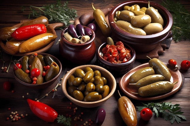 Photo tapas pickles and a mixture of olives chili onion eggplant on a wooden background